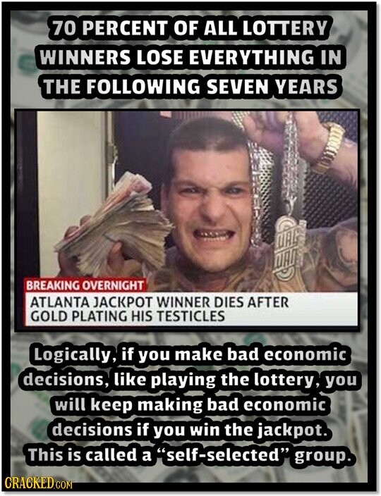 70 PERCENT OF ALL LOTTERY WINNERS LOSE EVERYTHING IN THE FOLLOWING SEVEN YEARS UAG WAO BREAKING OVERNIGHT ATLANTA JACKPOT WINNER DIES AFTER GOLD PLATING HIS TESTICLES Logically, if you make bad economic decisions, like playing the lottery, you will keep making bad economic decisions if you win the jackpot. This is called a self-selected group. CRACKED.COM