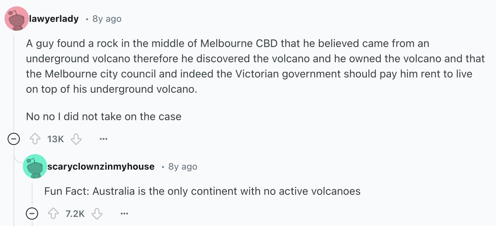 lawyerlady 8y ago A guy found a rock in the middle of Melbourne CBD that he believed came from an underground volcano therefore he discovered the volcano and he owned the volcano and that the Melbourne city council and indeed the Victorian government should pay him rent to live on top of his underground volcano. No no I did not take on the case 13K ... scaryclownzinmyhouse 8y ago Fun Fact: Australia is the only continent with no active volcanoes 7.2K ... 