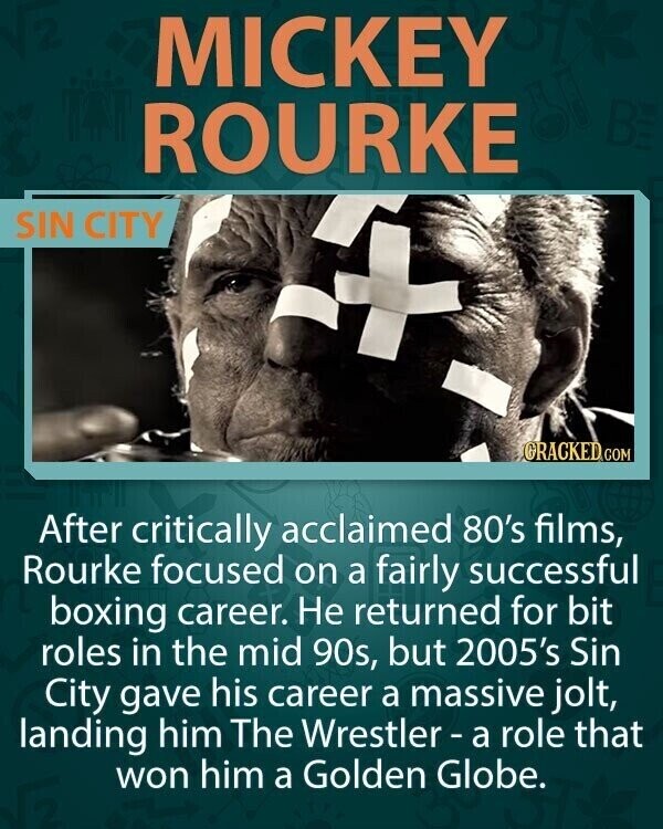 MICKEY ROURKE SIN CITY GRACKED COM After critically acclaimed 80's films, Rourke focused on a fairly successful boxing career. Не returned for bit roles in the mid 90s, but 2005's Sin City gave his career a massive jolt, landing him The Wrestler - a role that won him a Golden Globe.