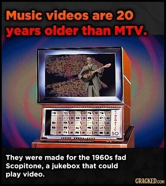 Music videos are 20 years older than MTV. CINEMATIC 50 They were made for the 1960s fad Scopitone, a jukebox that could play video. CRACKED.COM