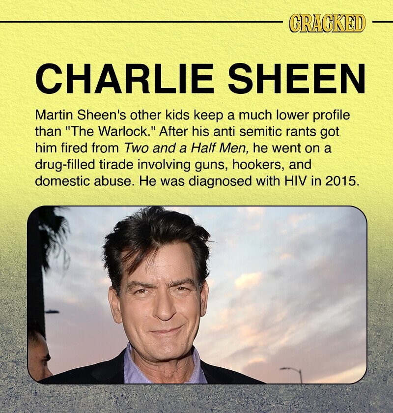 CRACKED CHARLIE SHEEN Martin Sheen's other kids keep a much lower profile than The Warlock. After his anti semitic rants got him fired from Two and a Half Men, he went on a drug-filled tirade involving guns, hookers, and domestic abuse. Не was diagnosed with HIV in 2015.