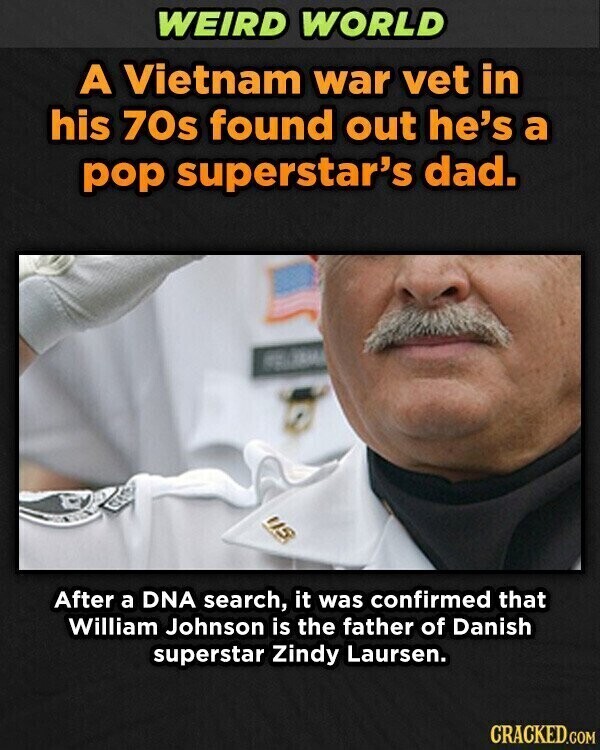 WEIRD WORLD A Vietnam war vet in his 70s found out he's a pop superstar's dad. US After a DNA search, it was confirmed that William Johnson is the father of Danish superstar Zindy Laursen. CRACKED.COM