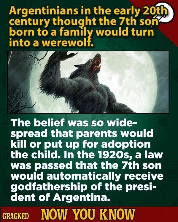 Argentinians in the early 20th century thought the 7th son born to a family would turn into a werewolf. The belief was so wide- spread that parents would kill or put up for adoption the child. In the 1920s, a law was passed that the 7th son would automatically receive godfathership of the presi- dent of Argentina. CRACKED NOW YOU KNOW