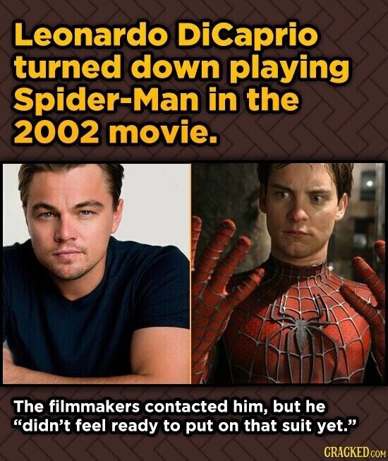 Leonardo DiCaprio turned down playing Spider-Man in the 2002 movie. The filmmakers contacted him, but he didn't feel ready to put on that suit yet. CRACKED.COM