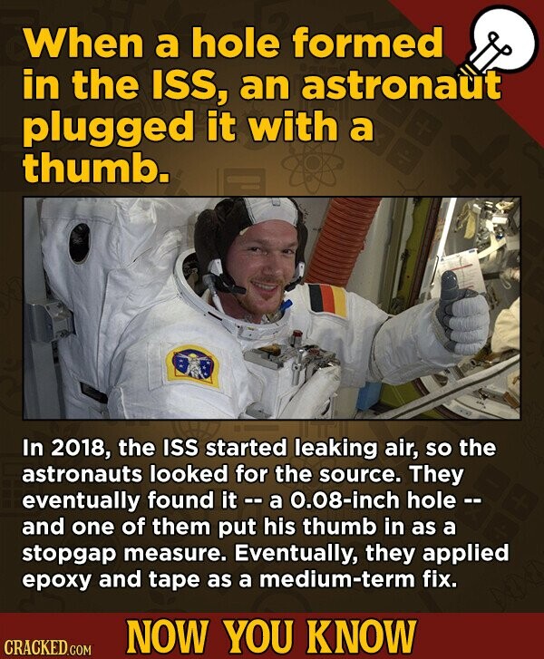 When a hole formed in the ISS, an astronaut plugged it with a thumb. In 2018, the ISS started leaking air, so the astronauts looked for the source. They eventually found it -- a 0.08-inch hole -- and one of them put his thumb in as a stopgap measure. Eventually, they applied epoxy and tape as a medium-term fix. NOW YOU KNOW CRACKED.COM