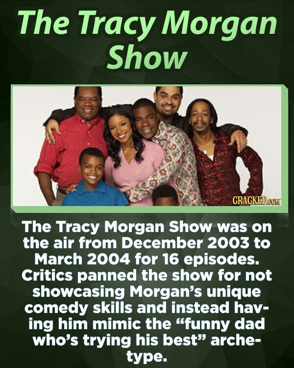 The Tracy Morgan Show CRACKED.COM The Tracy Morgan Show was on the air from December 2003 to March 2004 for 16 episodes. Critics panned the show for not showcasing Morgan's unique comedy skills and instead hav- ing him mimic the funny dad who's trying his best arche- type.