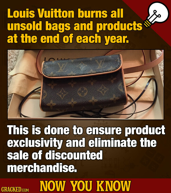 Louis Vuitton burns all unsold bags and products at the end of each year. This is done to ensure product exclusivity and eliminate the sale of discounted merchandise. NOW YOU KNOW CRACKED.COM