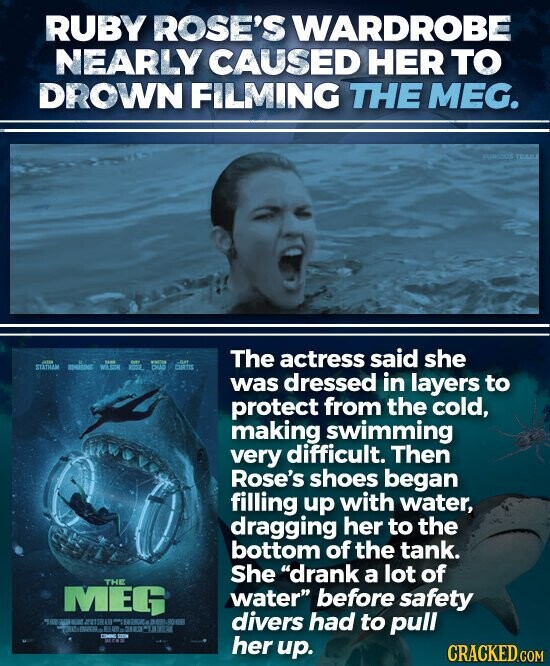 RUBY ROSE'S WARDROBE NEARLY CAUSED HER TO DROWN FILMING THE MEG. FUNCOS TRUULE DAMK - MINISTOR The actress said she STATHAM WILSON adidas DIAD CURTIS was dressed in layers to protect from the cold, making swimming very difficult. Then Rose's shoes began filling up with water, dragging her to the bottom of the tank. She drank a lot of THE MEG water before safety THE - RUS 300 divers had to pull COMING - BEER her up. CRACKED.COM