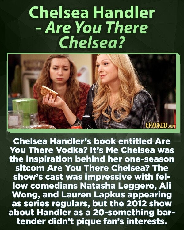 Chelsea Handler - Are You There Chelsea? CRACKED.COM Chelsea Handler's book entitled Are You There Vodka? It's Me Chelsea was the inspiration behind her one-season sitcom Are You There Chelsea? The show's cast was impressive with fel- low comedians Natasha Leggero, Ali Wong, and Lauren Lapkus appearing as series regulars, but the 2012 show about Handler as a 20-something bar- tender didn't pique fan's interests.