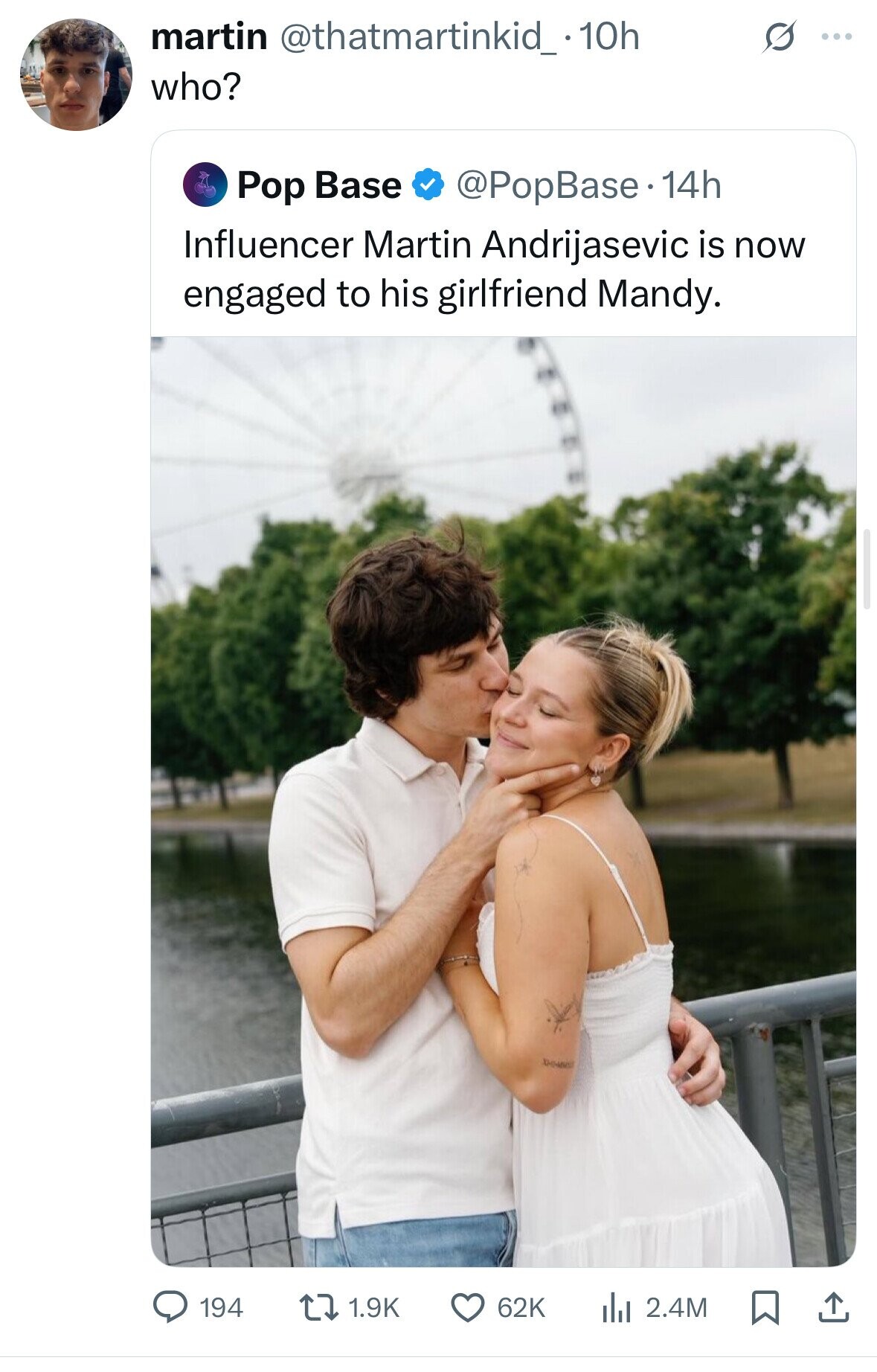 martin @thatmartinkid_.10h G ... who? @PopBase. 14h Pop Base Influencer Martin Andrijasevic is now engaged to his girlfriend Mandy. 194 1.9K 62K 2.4M 