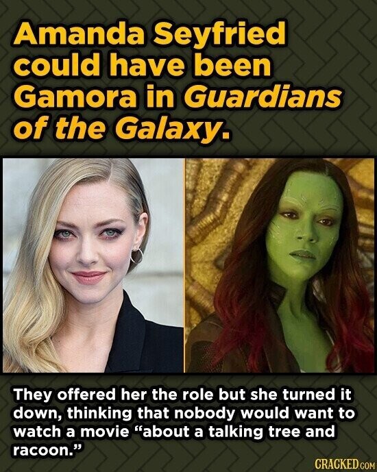 Amanda Seyfried could have been Gamora in Guardians of the Galaxy. They offered her the role but she turned it down, thinking that nobody would want to watch a movie about a talking tree and racoon. CRACKED.COM