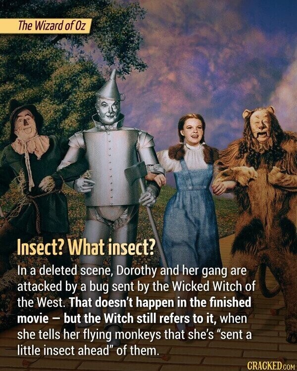 The Wizard of Oz Insect? What insect? In a deleted scene, Dorothy and her gang are attacked by a bug sent by the Wicked Witch of the West. That doesn't happen in the finished movie - but the Witch still refers to it, when she tells her flying monkeys that she's sent a little insect ahead of them. CRACKED.COM