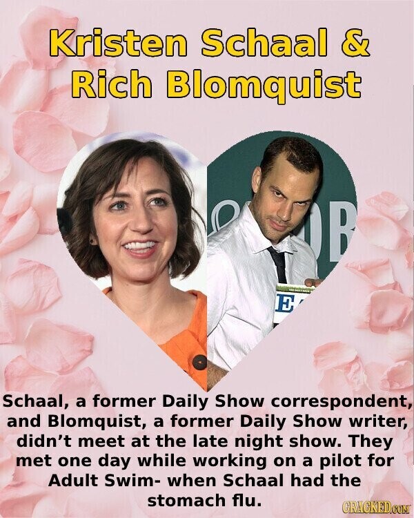 Kristen Schaal & Rich Blomquist B E Schaal, a former Daily Show correspondent, and Blomquist, a former Daily Show writer, didn't meet at the late night show. They met one day while working on a pilot for Adult Swim- when Schaal had the stomach flu. CRACKED.COM