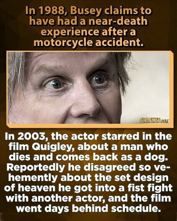 In 1988, Busey claims to have had a near-death experience after a motorcycle accident. CRACKED.COM In 2003, the actor starred in the film Quigley, about a man who dies and comes back as a dog. Reportedly he disagreed so ve- hemently about the set design of heaven he got into a fist fight with another actor, and the film went days behind schedule.