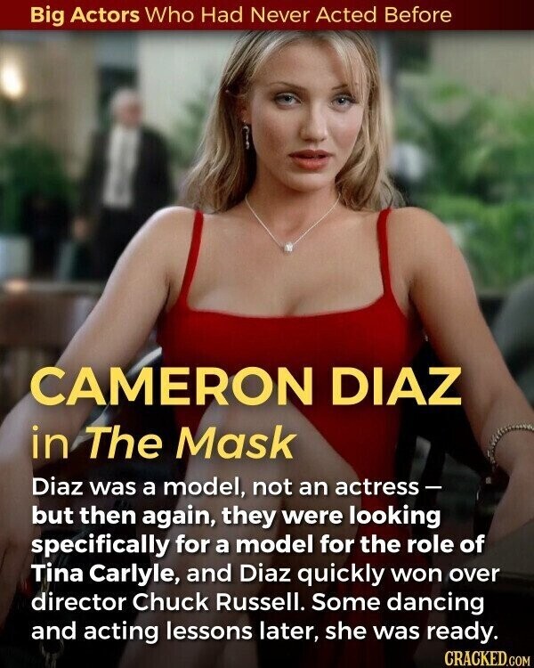 Big Actors Who Had Never Acted Before CAMERON DIAZ in The Mask Diaz was a model, not an actress - but then again, they were looking specifically for a model for the role of Tina Carlyle, and Diaz quickly won over director Chuck Russell. Some dancing and acting lessons later, she was ready. CRACKED.COM