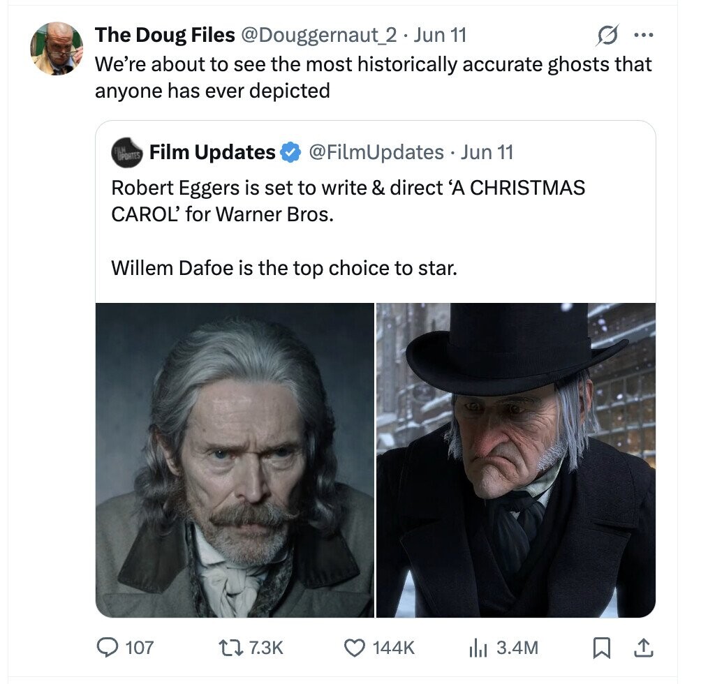 The Doug Files @Douggernaut_2· Jun 11 G ... We're about to see the most historically accurate ghosts that anyone has ever depicted FILM PORTES Film Updates @FilmUpdates Jun 11 Robert Eggers is set to write & direct 'A CHRISTMAS CAROL' for Warner Bros. Willem Dafoe is the top choice to star. 107 7.3K 144K 3.4M