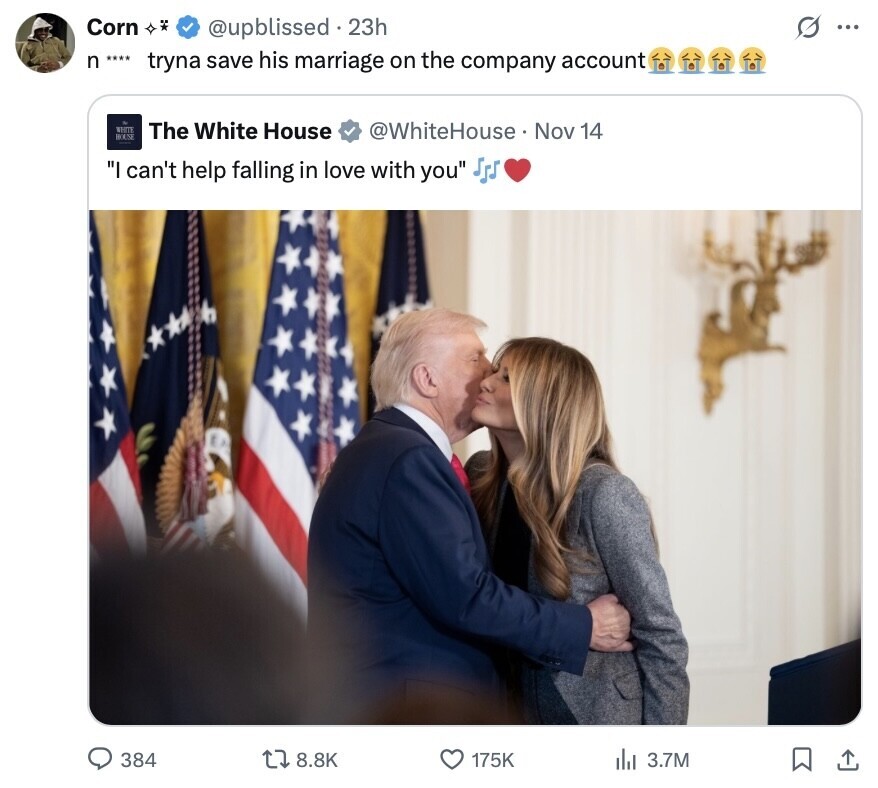Corn S @upblissed 23h ... n **** tryna save his marriage on the company account WHITE HOUSE The White House @WhiteHouse Nov 14 I can't help falling in love with you 384 8.8K 175K 3.7M 