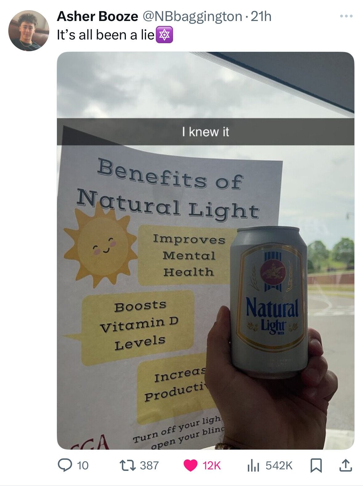 Asher Booze @NBbaggington21h It's all been a lie I knew it Benefits of Natural Light Improves Mental Health Boosts Natural Vitamin D Light Levels Increas Producti Turn off your ligh GA open your blind 10 387 12K 542K