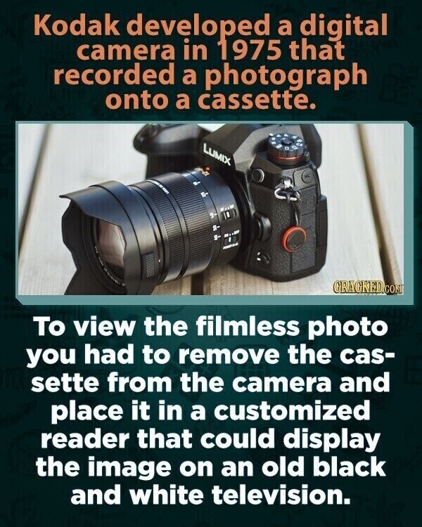 Kodak developed a digital camera in 1975 that recorded a photograph onto a cassette. LUMIX GRACKED.COM To view the filmless photo you had to remove the cas- sette from the camera and place it in a customized reader that could display the image on an old black and white television.