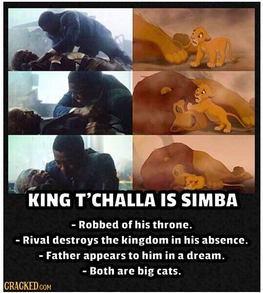 KING T'CHALLA IS SIMBA - Robbed of his throne. - Rival destroys the kingdom in his absence. - Father appears to him in a dream. - Both are big cats. CRACKED.COM