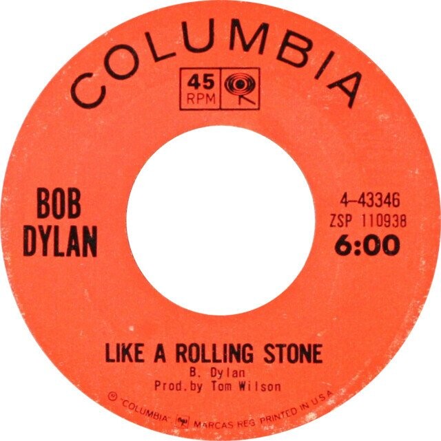 COLUMBIA 45 RPM BOB 4-43346 ZSP 110938 DYLAN 6:00 LIKE A ROLLING STONE В. Dy ylan © COLUMBIA اليوم by MARCAS Tom REG PRINTED IN USA Prod. Wilson