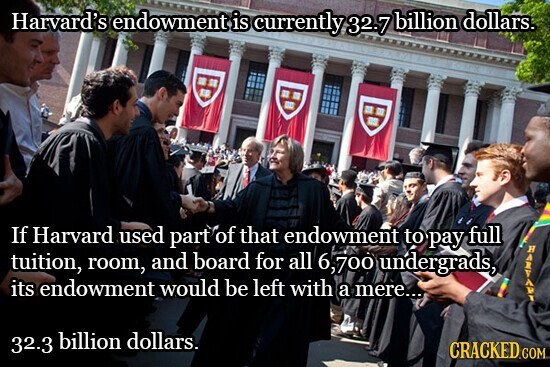 Harvard's endowment is currently 32.7 billion dollars. If Harvard used part of that endowment to pay full tuition, room, and board for all 6,700 undergrads, its endowment would be left with a mere... HAVAH 32.3 billion dollars. CRACKED.COM