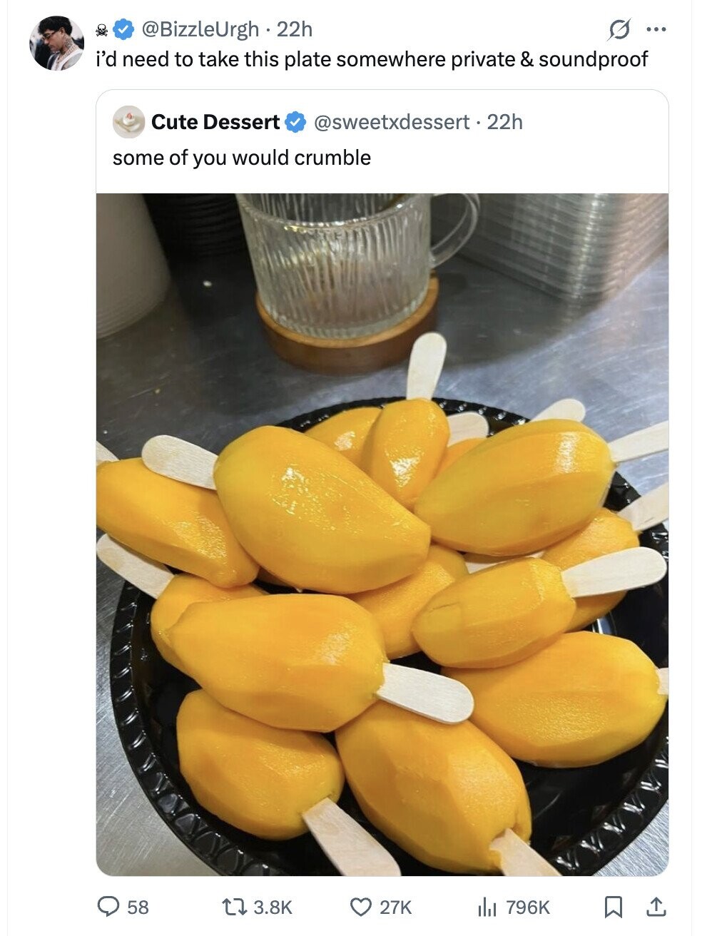 @BizzleUrgh . 22h O ... i'd need to take this plate somewhere private & soundproof Cute Dessert @sweetxdessert. 22h some of you would crumble 58 3.8K 27K 796K