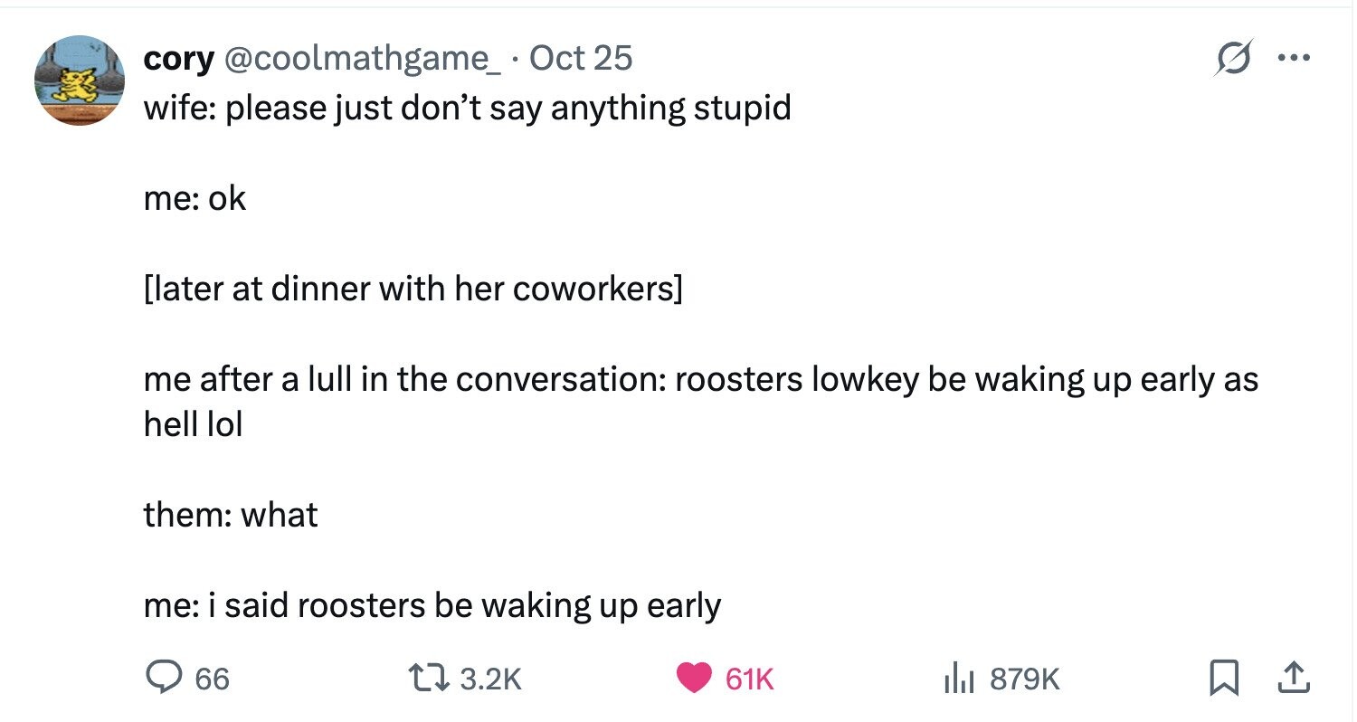 cory @coolmathgame_. Oct 25 ... wife: please just don't say anything stupid me: ok me after a lull in the conversation: roosters lowkey be waking up early as hell lol them: what me: i said roosters be waking up early 66 3.2K 61K del 879K