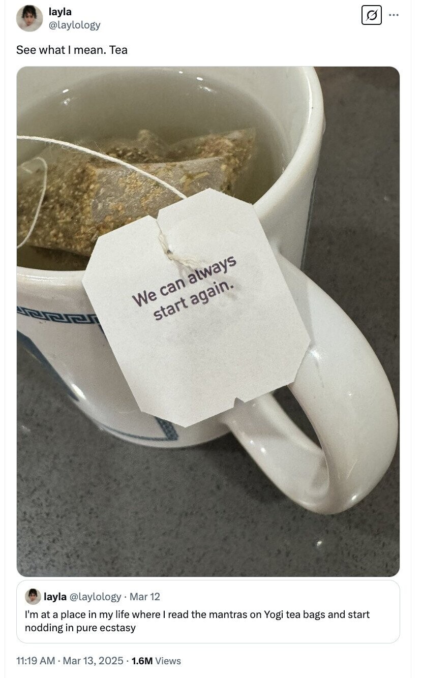 layla ... @laylology See what mean. Tea We can always start again. layla @laylology. Mar 12 I'm at a place in my life where read the mantras on Yogi tea bags and start nodding in pure ecstasy 11:19 AM Mar 13, 2025 1.6M Views