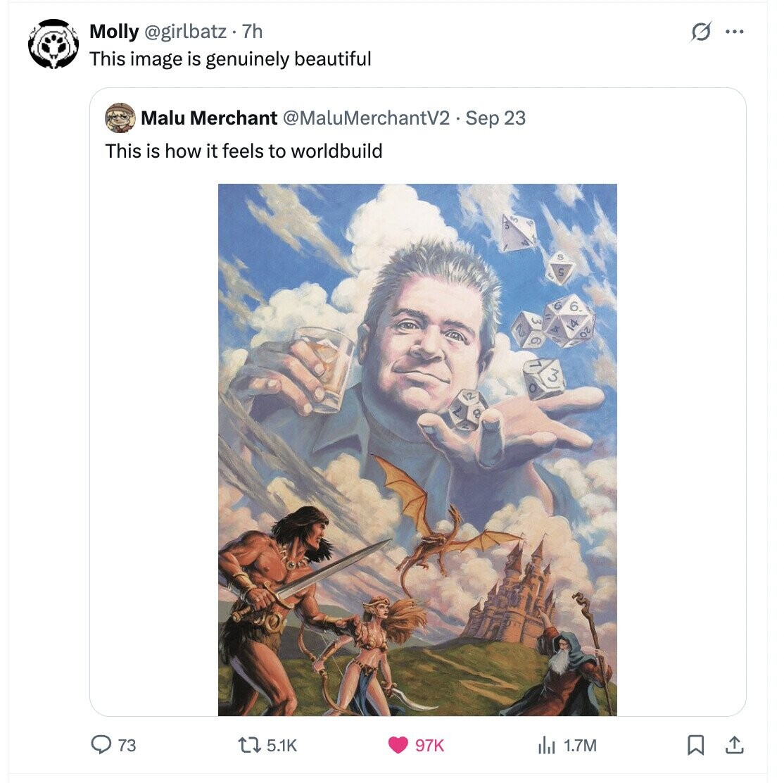 O Molly @girlbatz. 7h ... This image is genuinely beautiful Malu Merchant @MaluMerchantV2 Sep 23 This is how it feels to worldbuild BC в في S E 6. 3 B, a Je 20 9 73 5.1K 97K dil 1.7M 