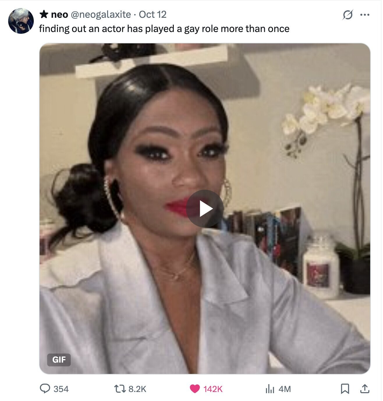 s ... neo @neogalaxite Oct 12 finding out an actor has played a gay role more than once GIF 354 8.2K 142K del 4M 