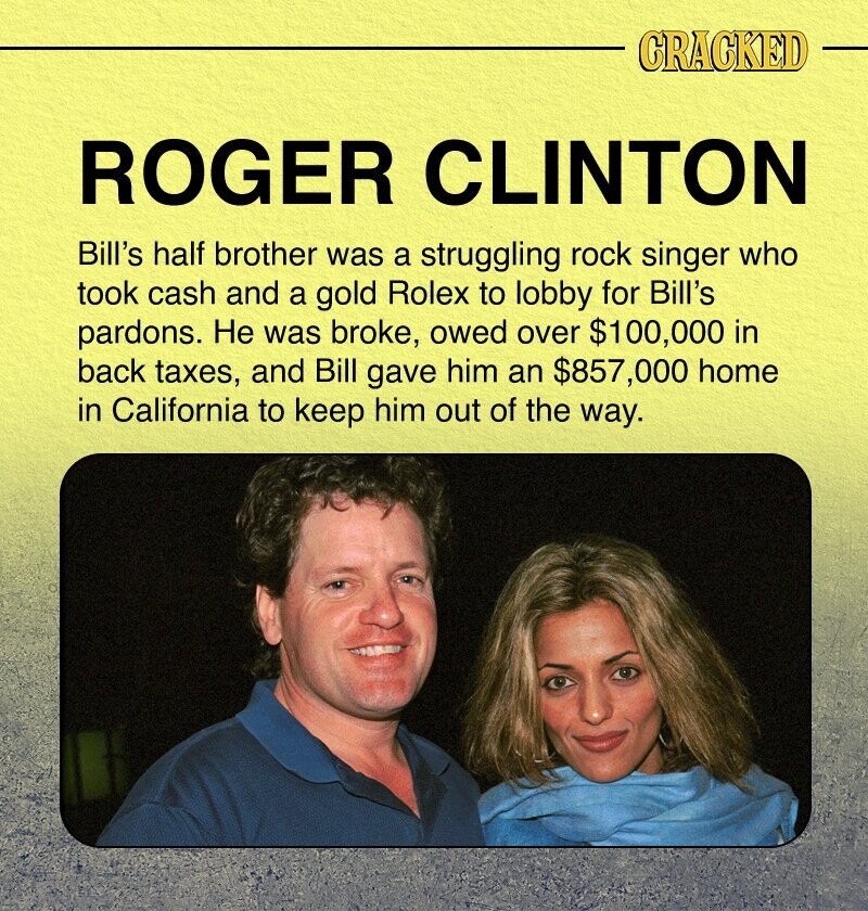CRACKED ROGER CLINTON Bill's half brother was a struggling rock singer who took cash and a gold Rolex to lobby for Bill's pardons. Не was broke, owed over $100,000 in back taxes, and Bill gave him an $857,000 home in California to keep him out of the way.