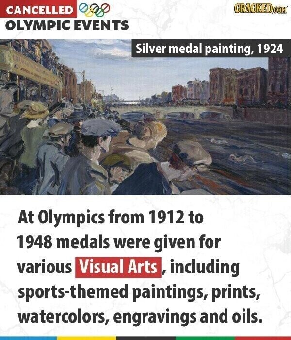 GRAGKED.COM CANCELLED OLYMPIC EVENTS Silver medal painting, 1924 At Olympics from 1912 to 1948 medals were given for various Visual Arts , including sports-themed paintings, prints, watercolors, engravings and oils.