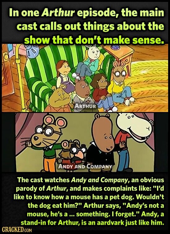 In one Arthur episode, the main cast calls out things about the show that don't make sense. ARTHUR ANDY AND COMPANY The cast watches Andy and Company, an obvious parody of Arthur, and makes complaints like: I'd like to know how a mouse has a pet dog. Wouldn't the dog eat him? Arthur says, Andy's not a mouse, he's a ... something. I forget. Andy, a stand-in for Arthur, is an aardvark just like him. CRACKED.COM
