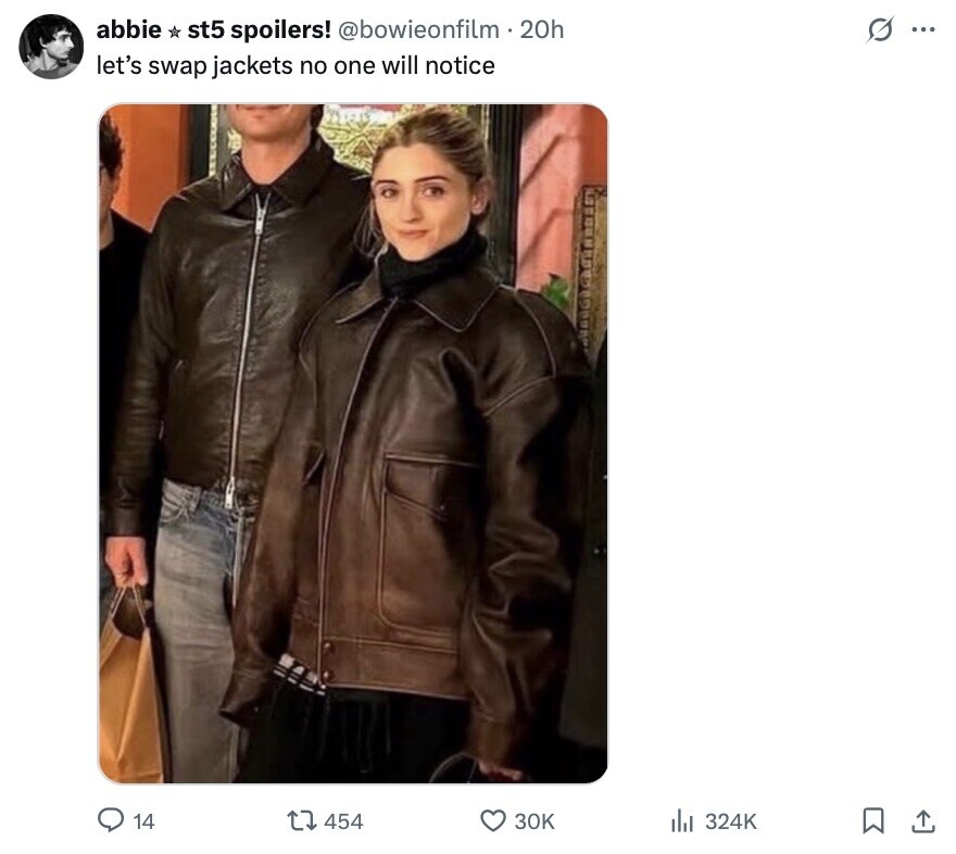 abbie st5 spoilers! @bowieonfilm.20h s ... let's swap jackets no one will notice 14 454 30K 324K 