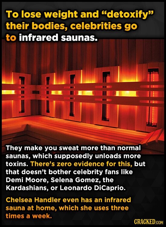 To lose weight and detoxify their bodies, celebrities go to infrared saunas. They make you sweat more than normal saunas, which supposedly unloads more toxins. There's zero evidence for this, but that doesn't bother celebrity fans like Demi Moore, Selena Gomez, the Kardashians, or Leonardo DiCaprio. Chelsea Handler even has an infrared sauna at home, which she uses three times a week. CRACKED.COM