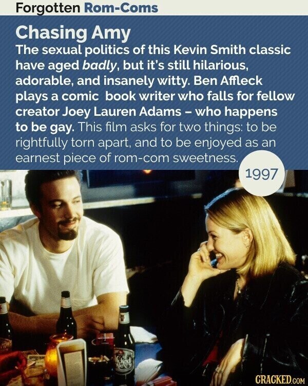 Forgotten Rom-Coms Chasing Amy The sexual politics of this Kevin Smith classic have aged badly, but it's still hilarious, adorable, and insanely witty. Ben Affleck plays a comic book writer who falls for fellow creator Joey Lauren Adams-who happens to be gay. This film asks for two things: to be rightfully torn apart, and to be enjoyed as an earnest piece of rom-com sweetness. 1997 CRACKED.COM