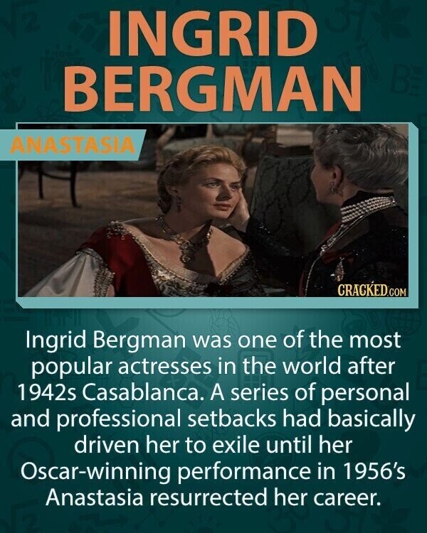 INGRID BERGMAN BE ANASTASIA CRACKED.COM Ingrid Bergman was one of the most popular actresses in the world after 1942s Casablanca. A series of personal and professional setbacks had basically driven her to exile until her Oscar-winning performance in 1956's Anastasia resurrected her career.