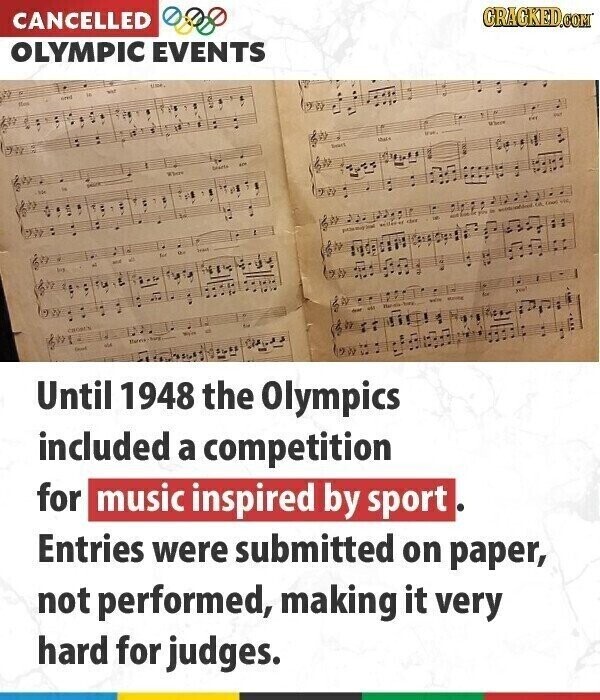 GRACKED.COM CANCELLED OLYMPIC EVENTS ALTOR Until 1948 the Olympics included a competition for music inspired by sport Entries were submitted on paper, not performed, making it very hard for judges.