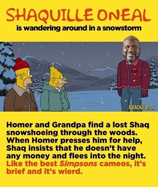 SHAQUILLE ONEAL is wandering around in a snowstorm CRACKED.COM Homer and Grandpa find a lost Shaq snowshoeing through the woods. When Homer presses him for help, Shaq insists that he doesn't have any money and flees into the night. Like the best Simpsons cameos, it's brief and it's wierd.