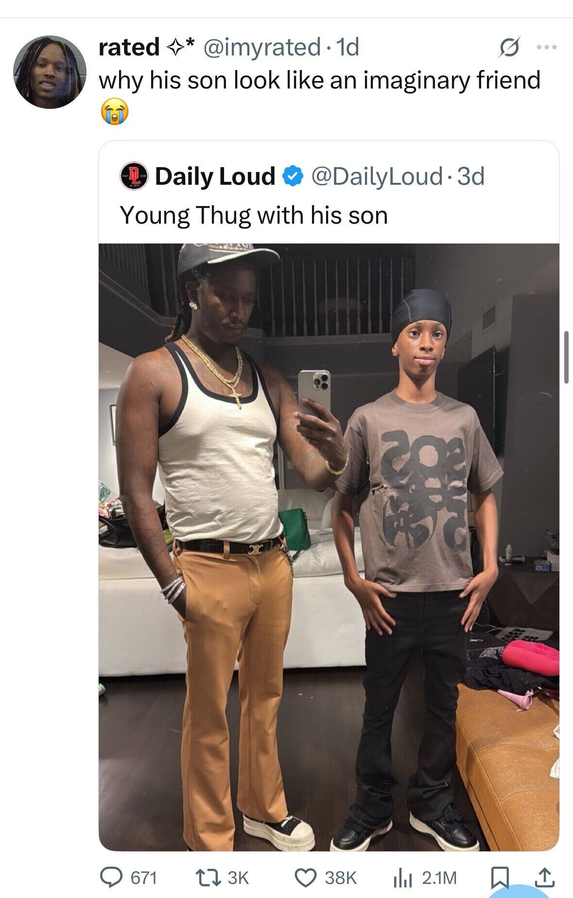 rated * @imyrated 1d O ... why his son look like an imaginary friend DL Daily Loud @DailyLoud.3d Young Thug with his son CCEM 3K 671 38K del 2.1M 