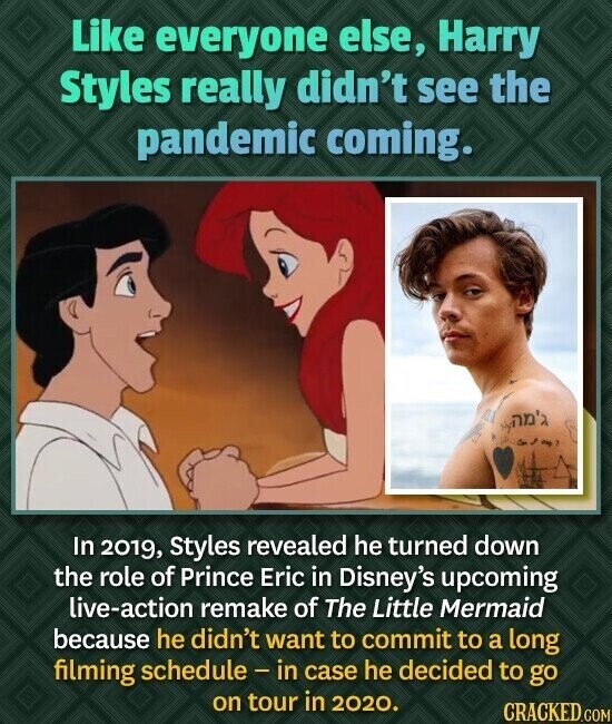 Like everyone else, Harry Styles really didn't see the pandemic coming. - In 2019, Styles revealed he turned down the role of Prince Eric in Disney's upcoming live-action remake of The Little Mermaid because he didn't want to commit to a long filming schedule - in case he decided to go on tour in 2020. CRACKED.COM