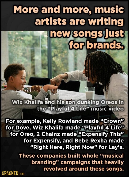 More and more, music artists are writing new songs just for brands. Wiz Khalifa and his son dunking Oreos in the Playful 4 Life music video For example, Kelly Rowland made Crown for Dove, Wiz Khalifa made Playful 4 Life for Oreo, 2 Chainz made Expensify This for Expensify, and Bebe Rexha made Right Here, Right Now for Lay's. These companies built whole musical branding campaigns that heavily revolved around these songs. CRACKED.COM