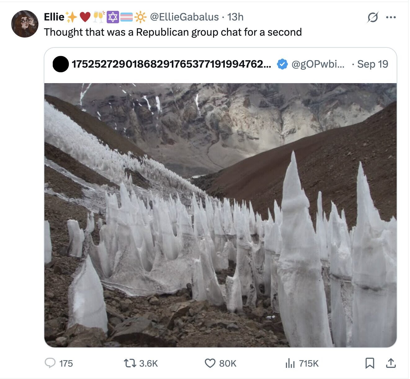 Ellie @EllieGabalus . 13h S ... Thought that was a Republican group chat for a second 17525272901868291765377191994762... @gOPwbi... Sep 19 3.6K 175 80K 715K 