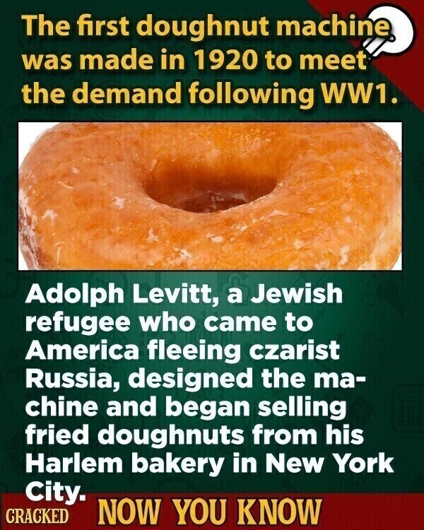 The first doughnut machine was made in 1920 to meet the demand following WW1. Adolph Levitt, a Jewish refugee who came to America fleeing czarist Russia, designed the ma- chine and began selling fried doughnuts from his Harlem bakery in New York City. CRACKED NOW YOU KNOW