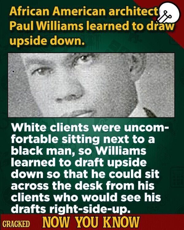 African American architect Paul Williams learned to draw upside down. White clients were uncom- fortable sitting next to a black man, so Williams learned to draft upside down so that he could sit across the desk from his clients who would see his drafts right-side-up. CRACKED NOW YOU KNOW