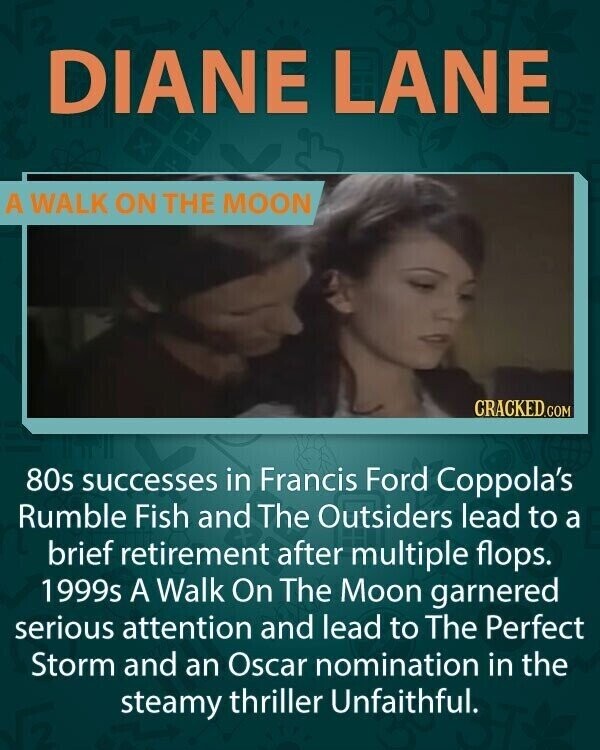 DIANE LANE A WALK ON THE MOON CRACKED.COM 80s successes in Francis Ford Coppola's Rumble Fish and The Outsiders lead to a brief retirement after multiple flops. 1999s A Walk On The Moon garnered serious attention and lead to The Perfect Storm and an Oscar nomination in the steamy thriller Unfaithful.