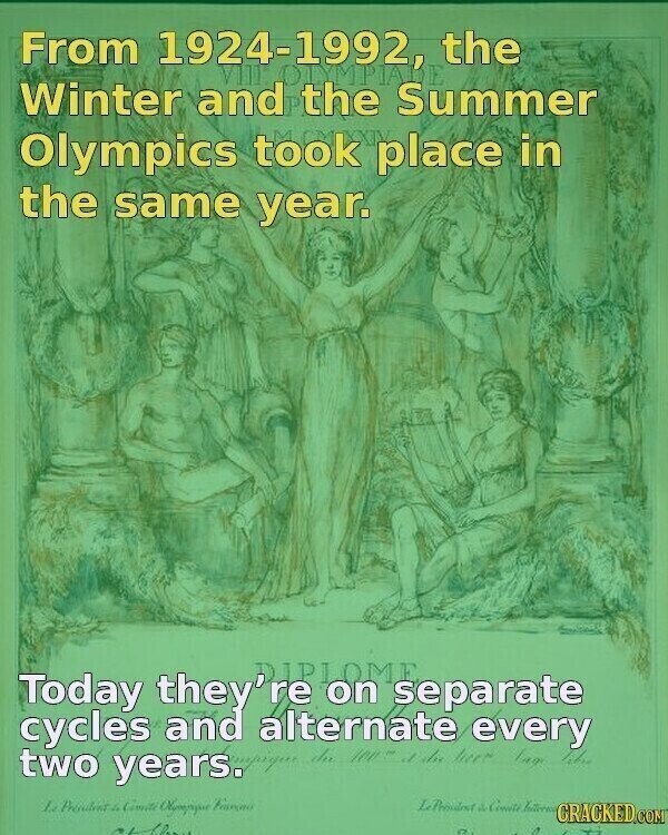 From 1924-1992, the Winter and the Summer Olympics took place in the same year. DIPLOME Today they' re on separate cycles and alternate every two years. 100 - d die beer Lam like du LePrindest de Consite letterna CRACKED.COM Le Presulent & Cimite Laveno all D.