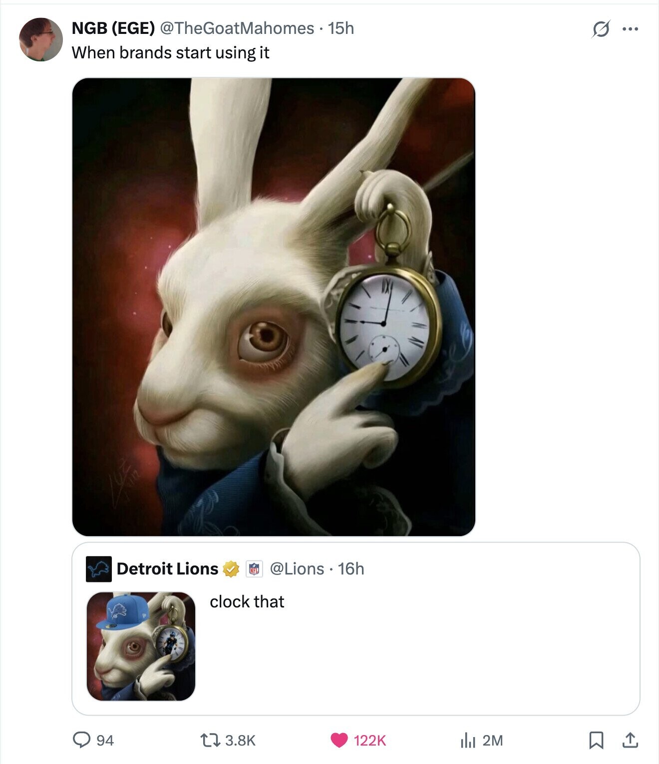 NGB (EGE) @TheGoatMahomes 15h s ... When brands start using it Detroit Lions @Lions . 16h clock that 94 3.8K 122K del 2M 