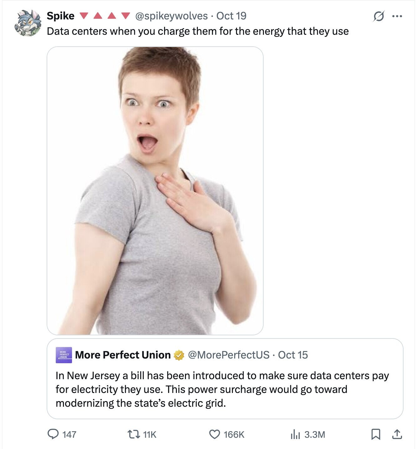 @spikeywolves Oct 19 S ... Spike Data centers when you charge them for the energy that they use MORE PERFECT More Perfect Union UNION @MorePerfectUS Oct 15 In New Jersey a bill has been introduced to make sure data centers pay for electricity they use. This power surcharge would go toward modernizing the state's electric grid. 147 11K 166K dal 3.3M 